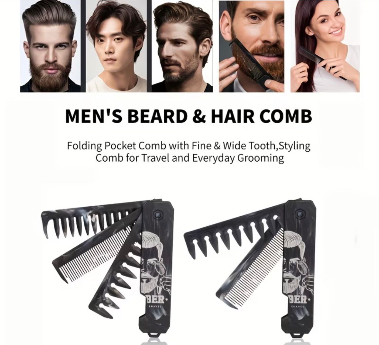 3 in 1 Folding Hair Comb for Men, Pocket Comb with Fine & Wide Tooth, Styling Comb for Travel and Everyday Grooming Combing Hair, Beard or Mustache