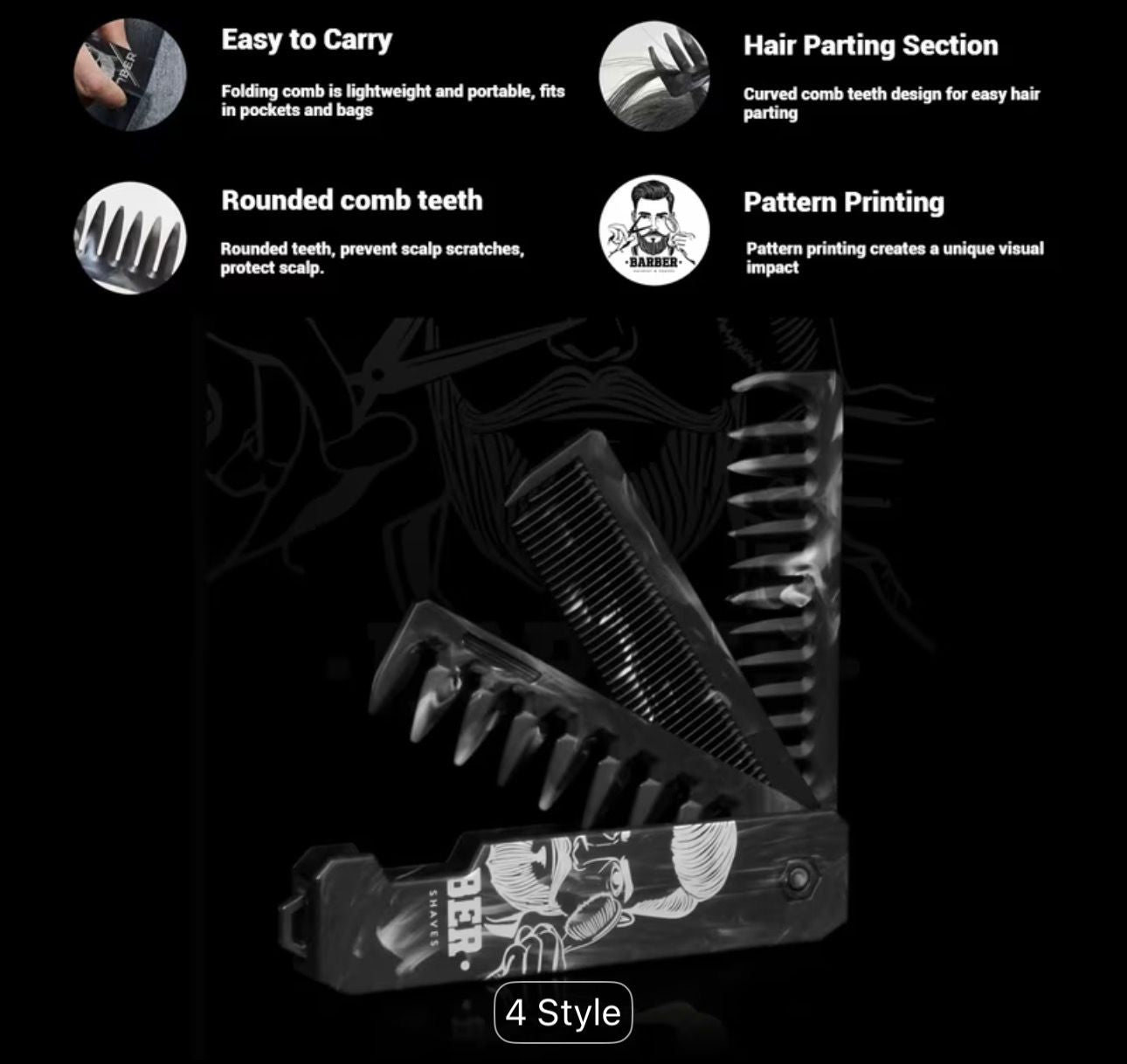 3 in 1 Folding Hair Comb for Men, Pocket Comb with Fine & Wide Tooth, Styling Comb for Travel and Everyday Grooming Combing Hair, Beard or Mustache