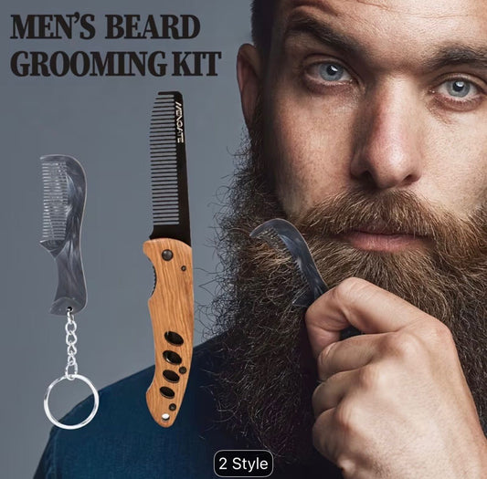 Men's Folding Pocket Beard & Mustache Grooming Kit with Comb • Stainless Tactical Tool Suitable for Travel • 180° Rotatable Handle • Compact Beard Trimmer
