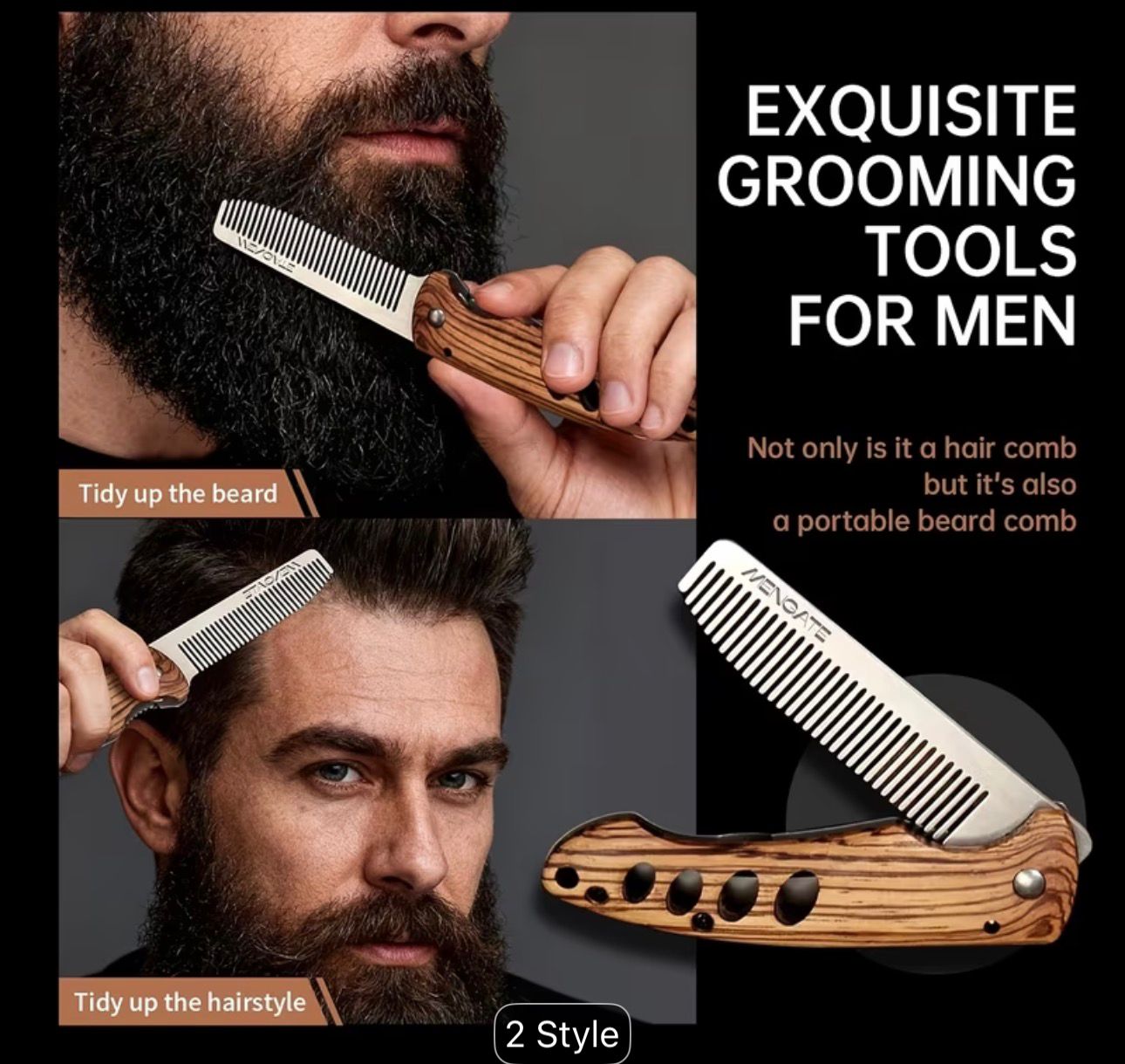 Men's Folding Pocket Beard & Mustache Grooming Kit with Comb • Stainless Tactical Tool Suitable for Travel • 180° Rotatable Handle • Compact Beard Trimmer