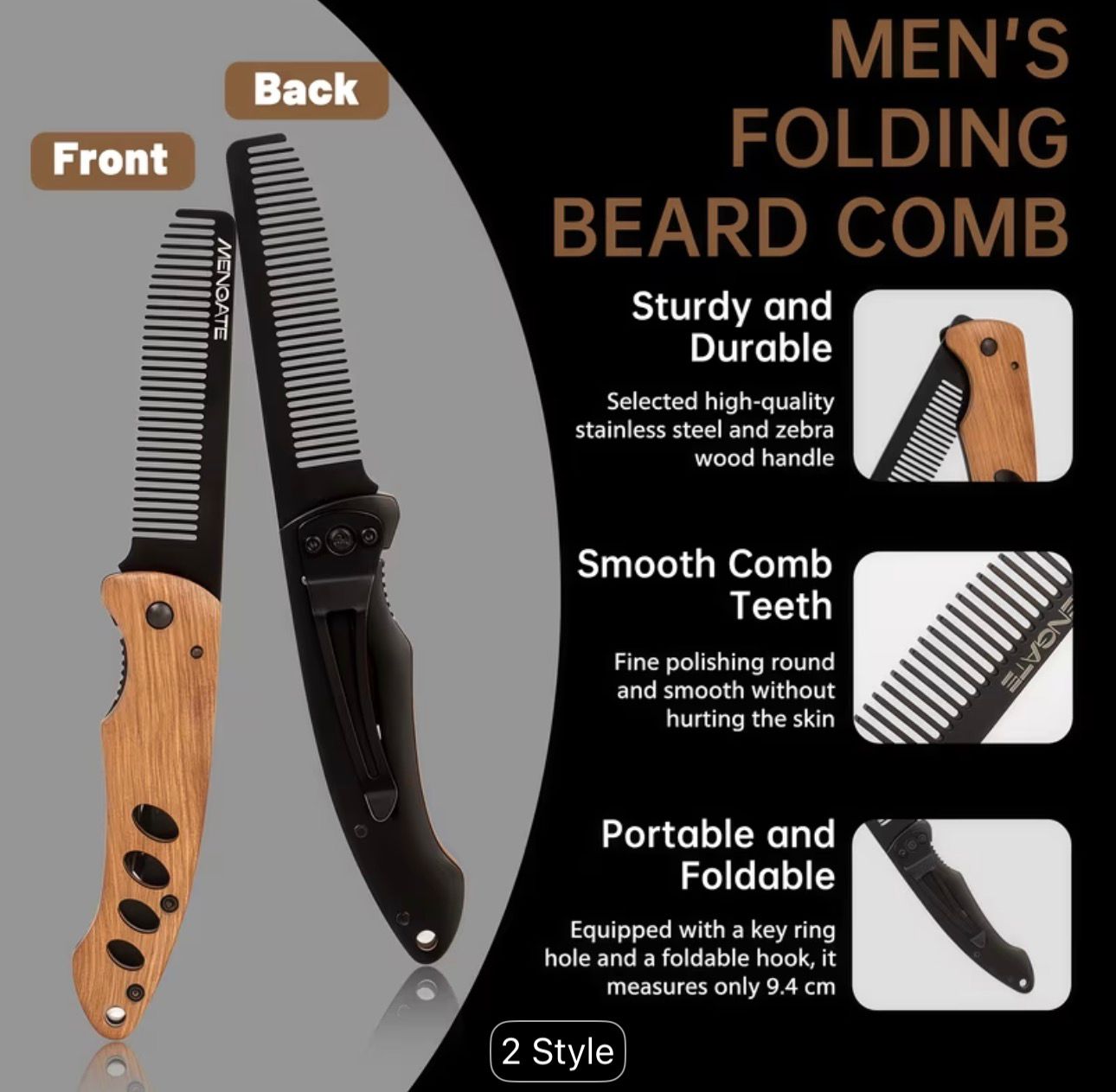 Men's Folding Pocket Beard & Mustache Grooming Kit with Comb • Stainless Tactical Tool Suitable for Travel • 180° Rotatable Handle • Compact Beard Trimmer